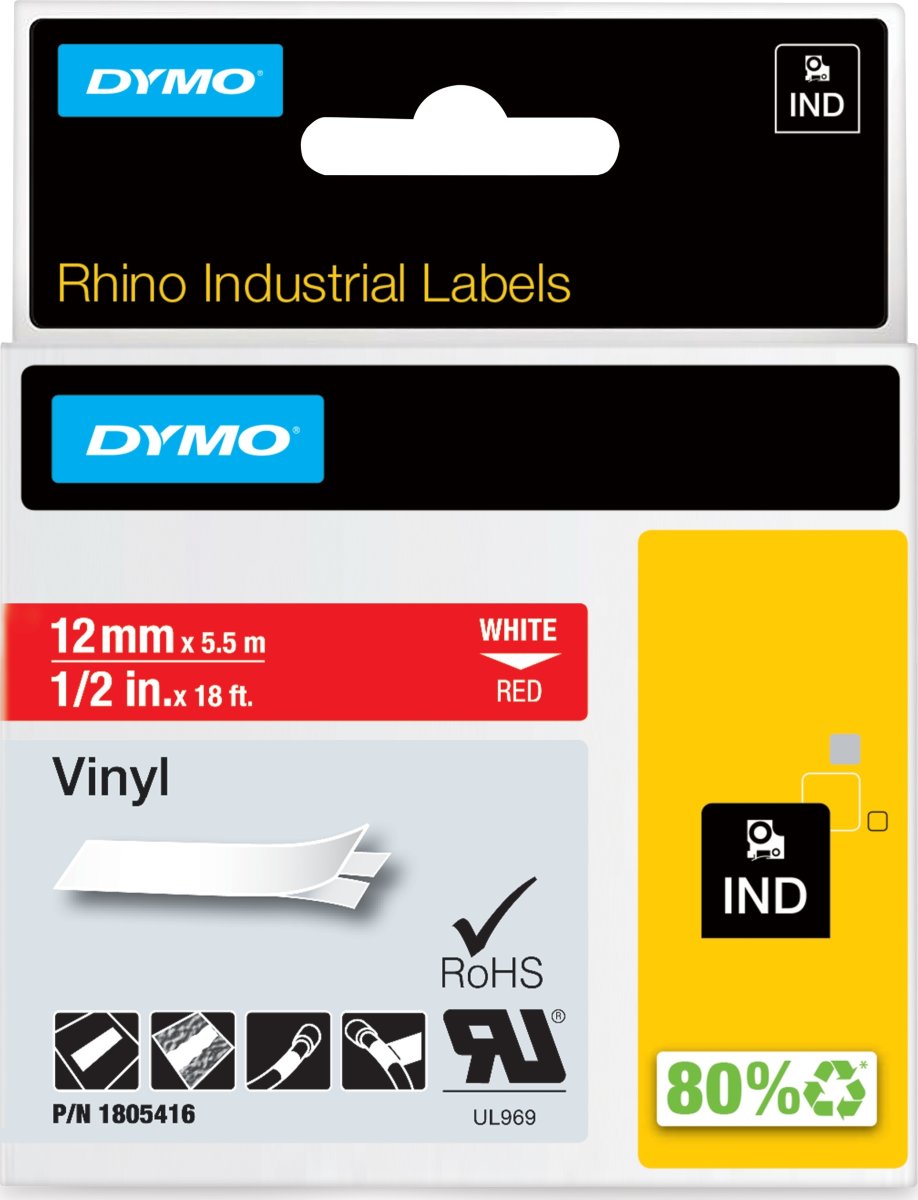 Dymo Rhino Vinyltape 12mm, vit på röd