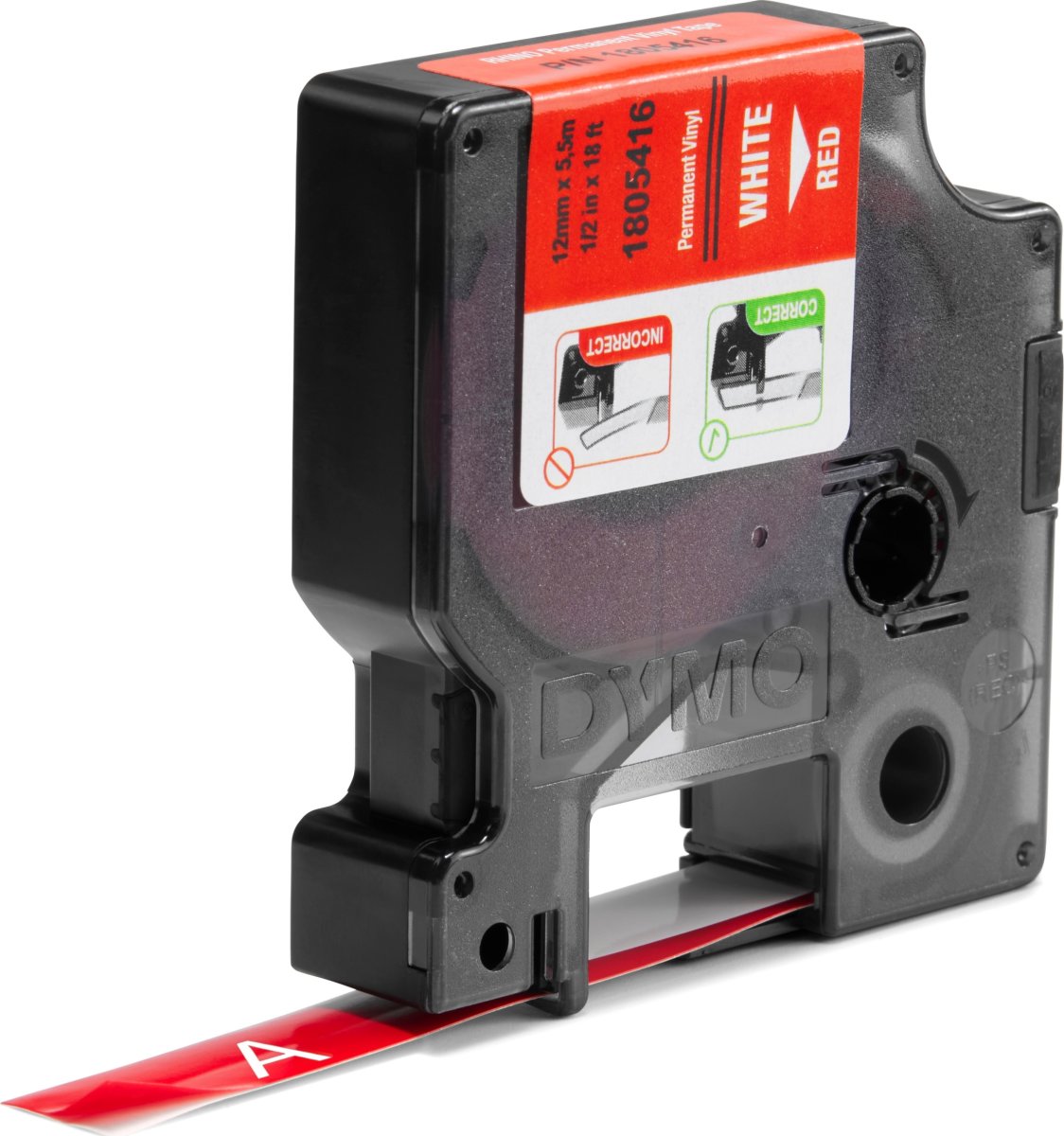Dymo Rhino Vinyltape 12mm, vit på röd