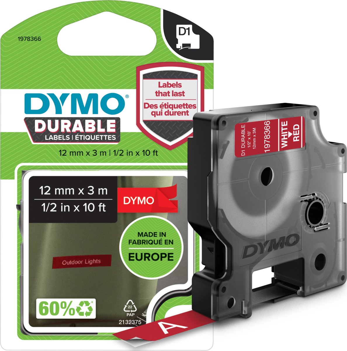 Dymo D1 Durable märktejp 12mm, vit på röd