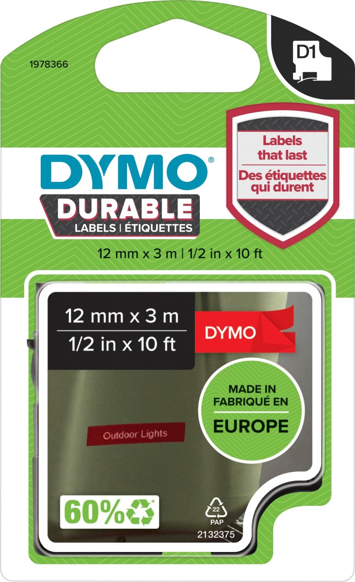 Dymo D1 Durable etikettape, 12 mm, vit på röd