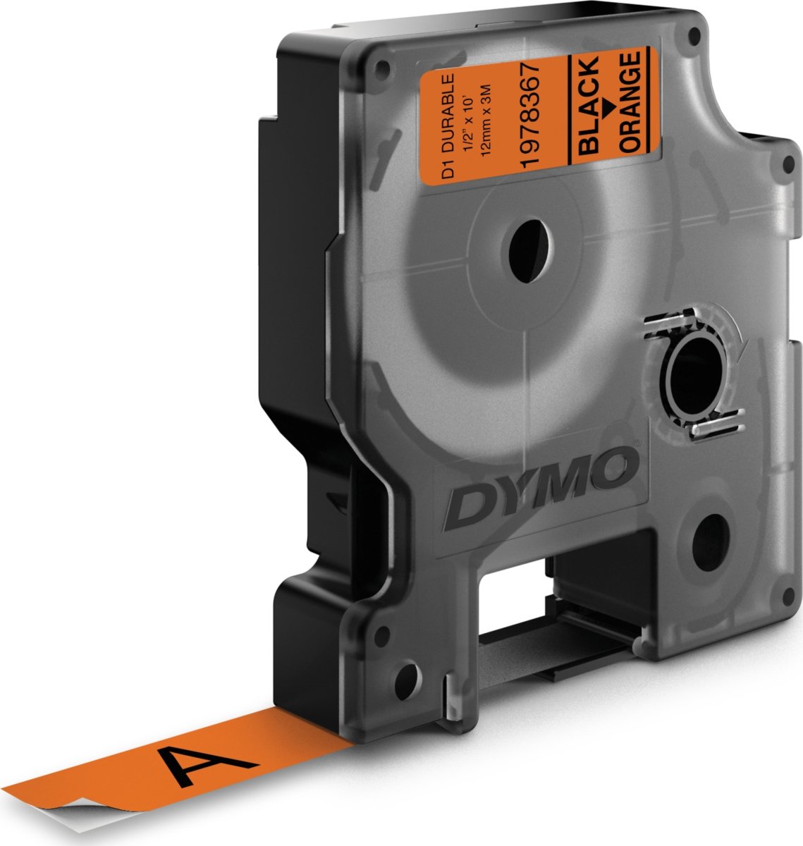 Dymo D1 Durable etikettape, 12 mm, svart på orange