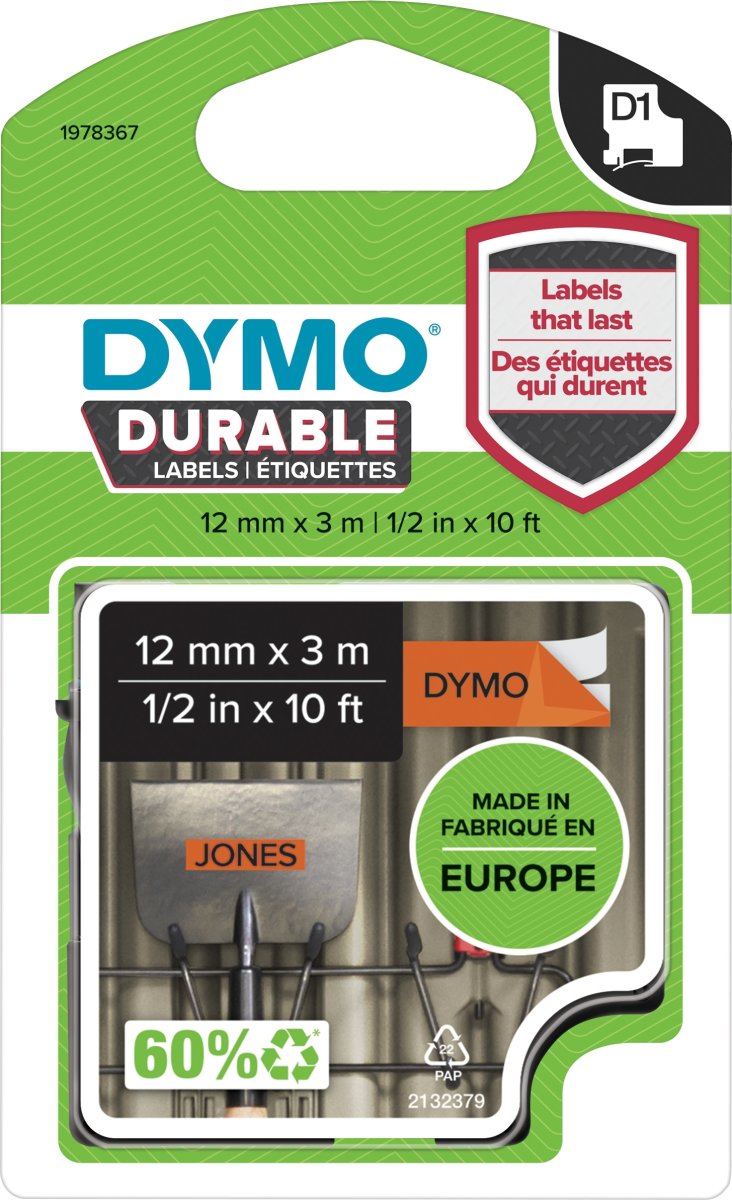 Dymo D1 Durable etikettband 12mm, svart på orange