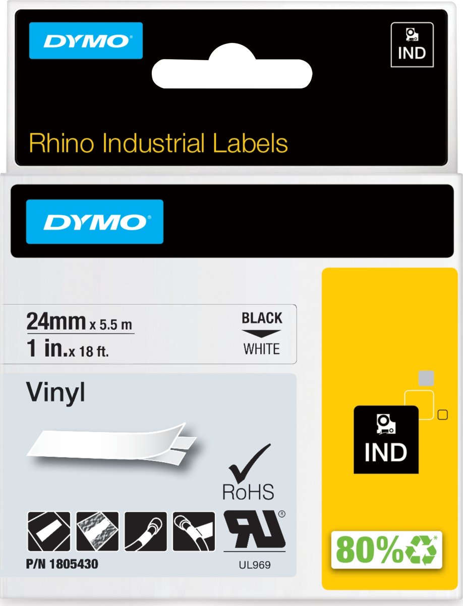 Dymo Rhino Vinyltape 24mm, svart på vit