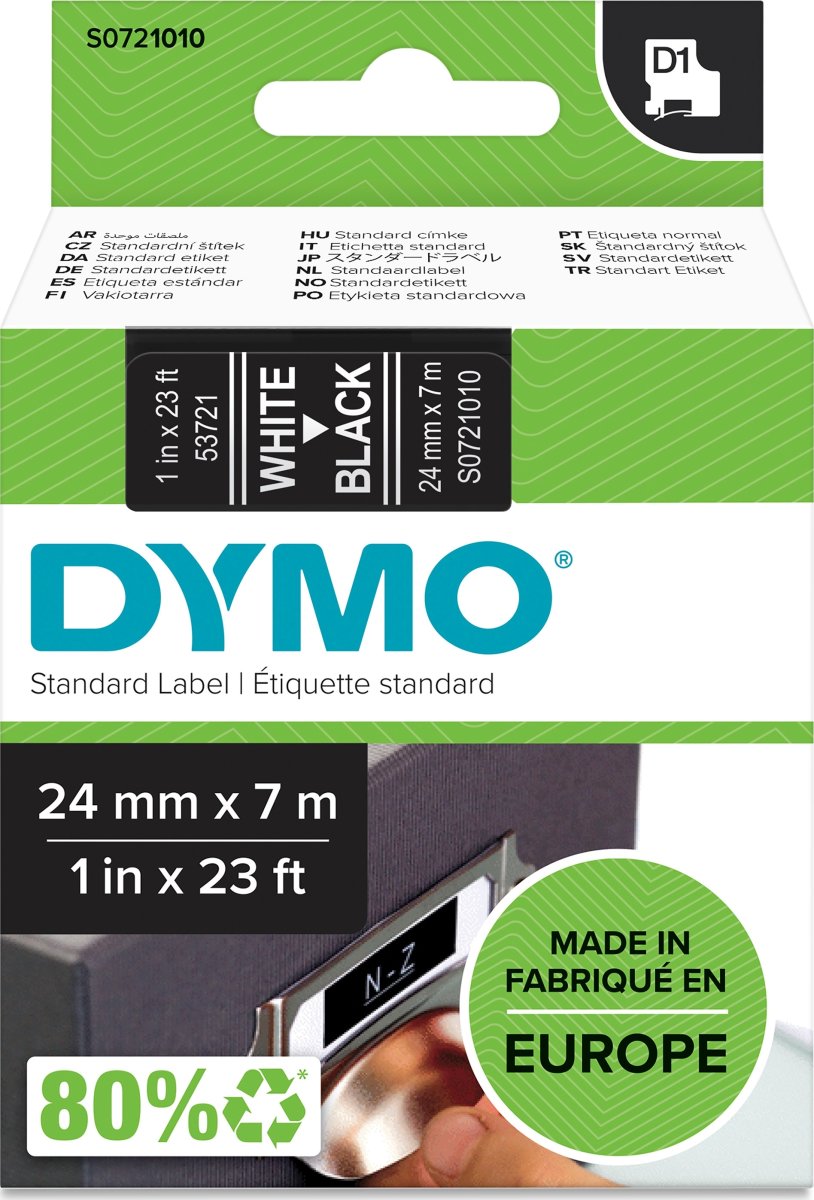 Dymo D1 etikettape, 24 mm, vit på svart