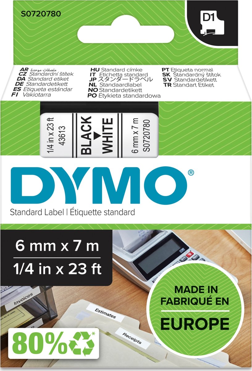 Dymo D1 etikettape 6mm, svart på vitt