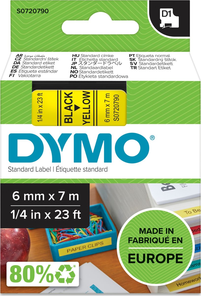 Dymo D1 märktejp 6mm, svart på gul