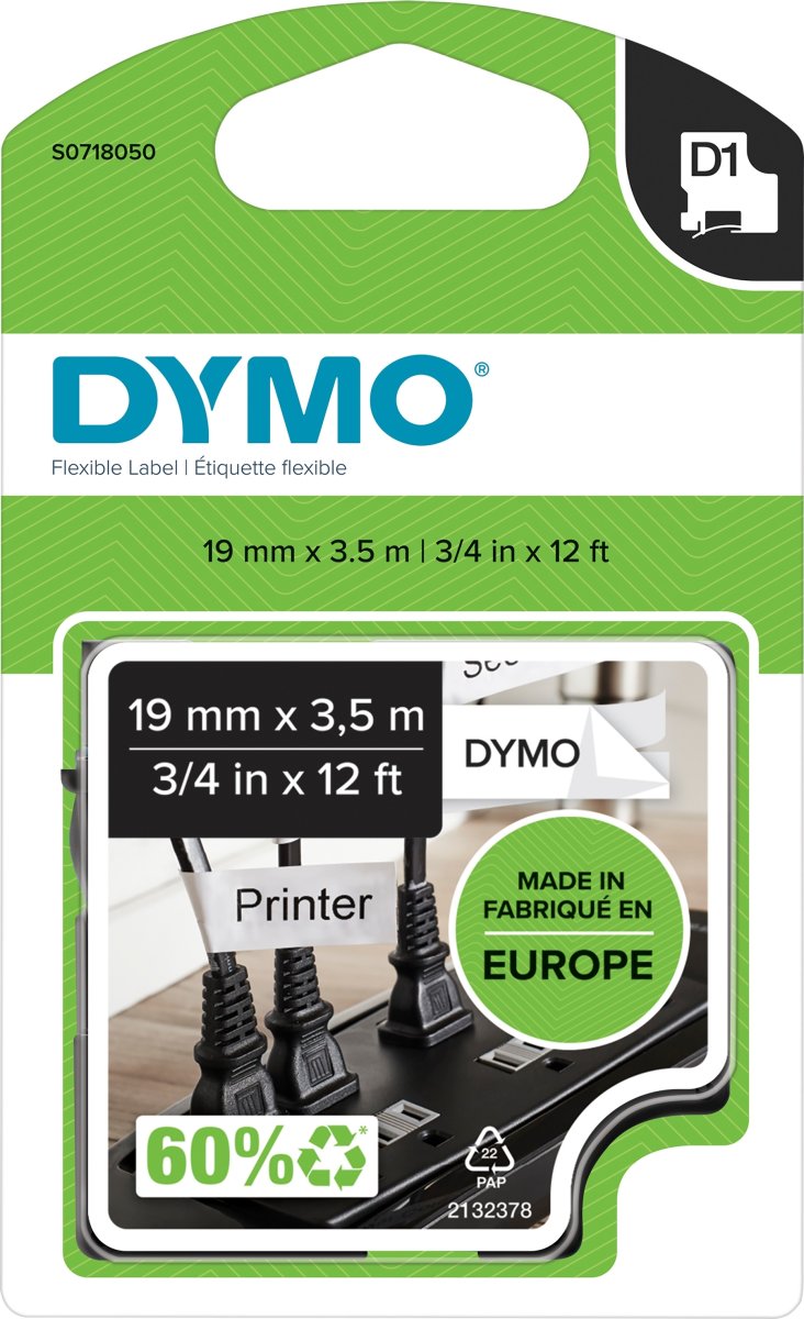 Dymo D1 flexibel tape, 19 mm, svart på vit