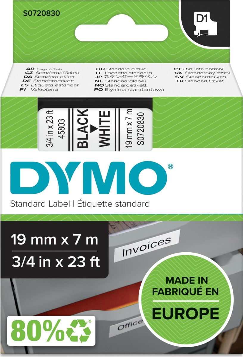 Dymo D1 etikettape, 19 mm, svart på vit