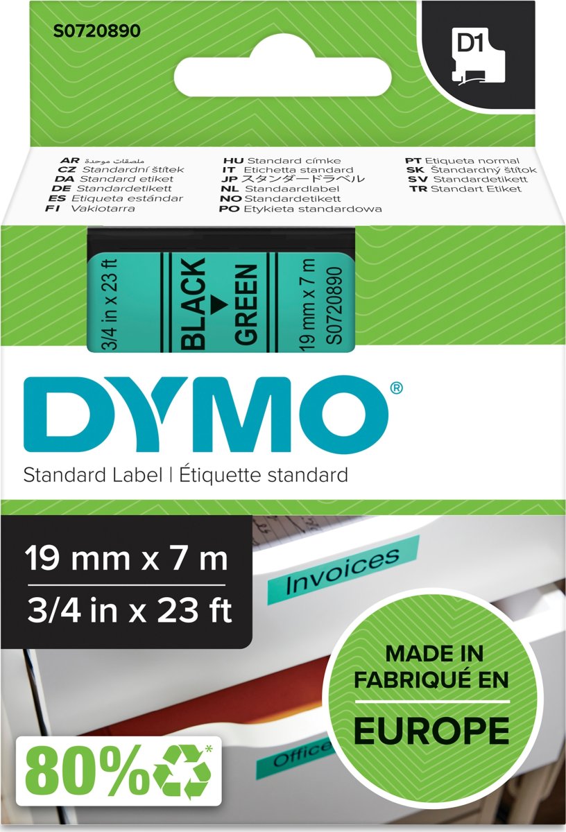 Dymo D1 etikettape, 19 mm, svart på grön