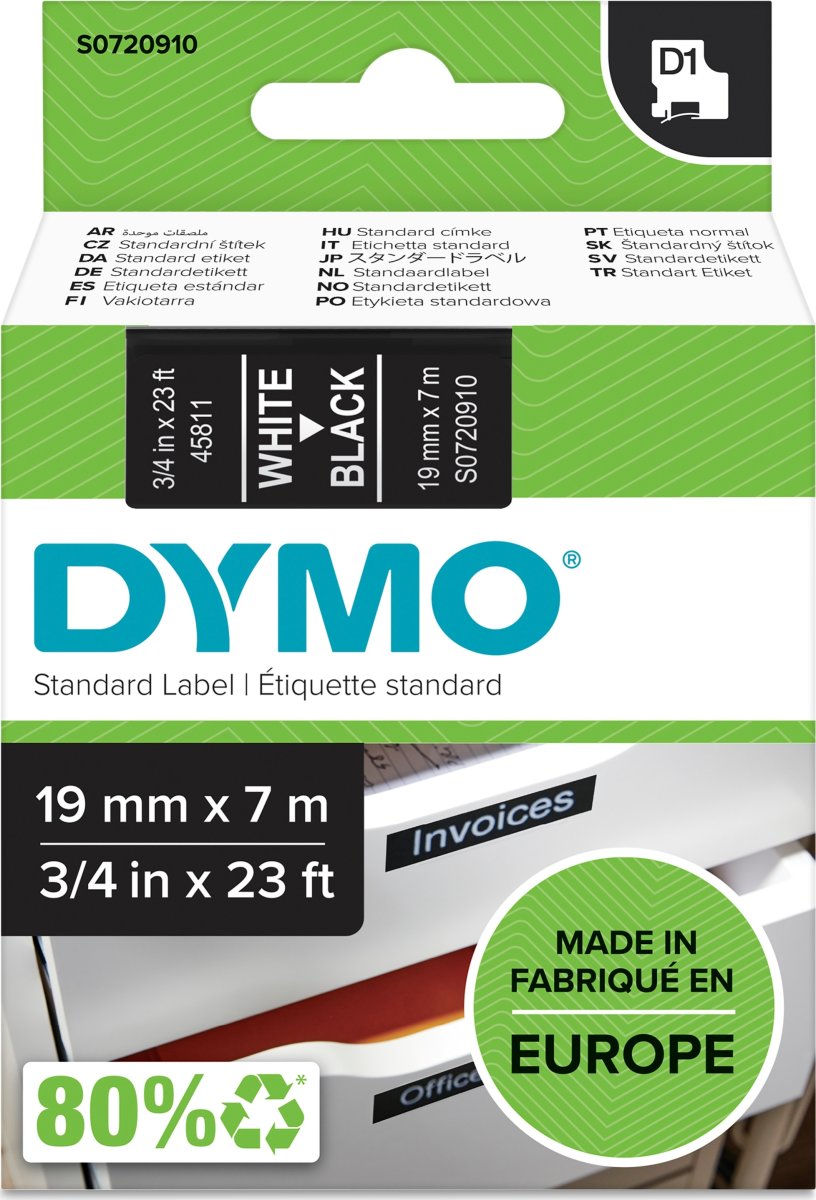 Dymo D1 etikettape, 19 mm, vit på svart