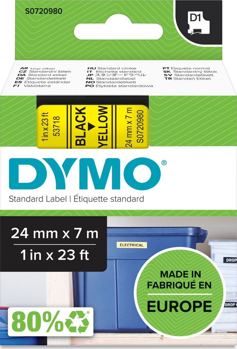 Dymo D1 etikettape, 24 mm, svart på gul
