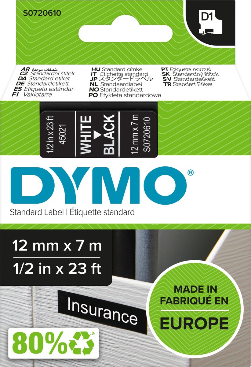 Dymo D1 etikettape, 12 mm, vit på svart