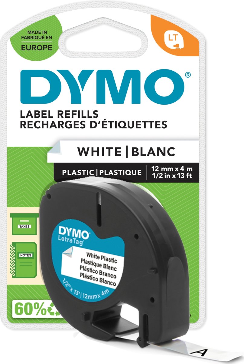 Dymo Letratag etikettape, 12 mm, svart på vit