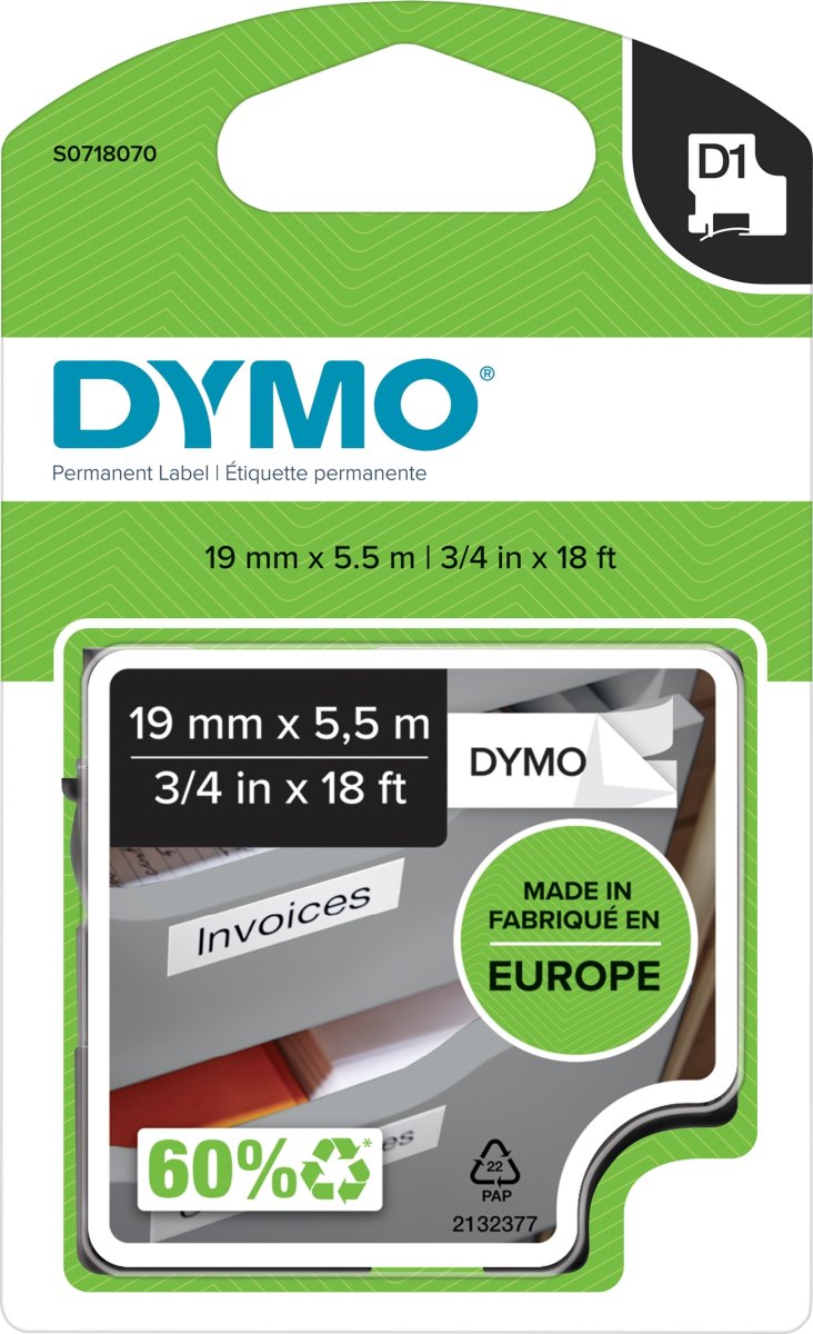 Dymo D1 polyestertape, 19 mm, svart på vit