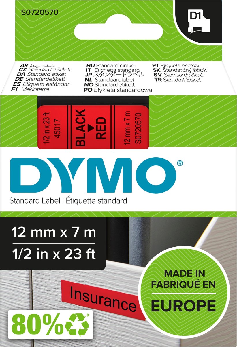 Dymo D1 etikettape, 12 mm, svart på röd