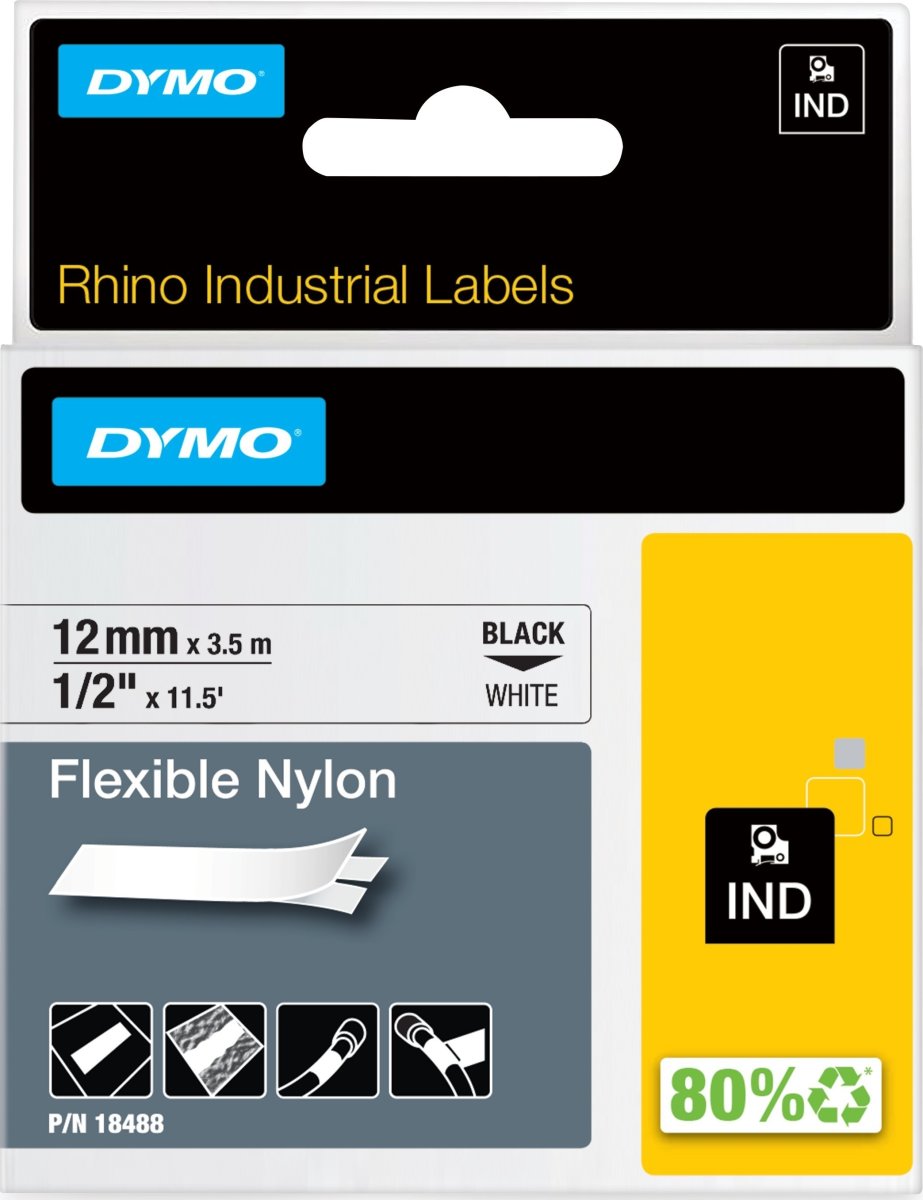 Dymo Rhino flexibel tape, 12 mm, svart på vit