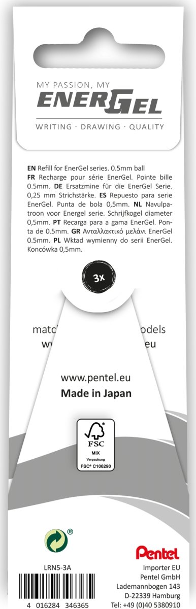 Pentel Energel Refill | 0,5 | Svart | 3 st.