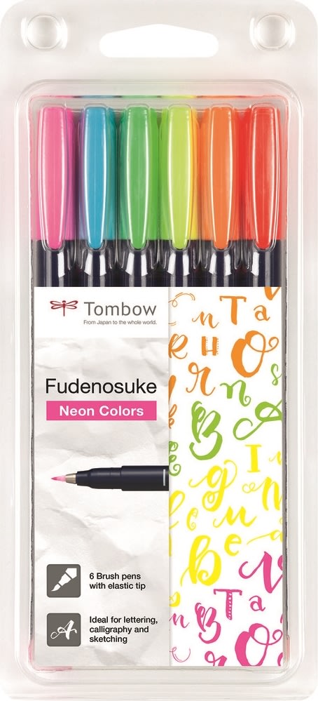 Tombow Fudenosuke penna | Hård neon | 6 st.