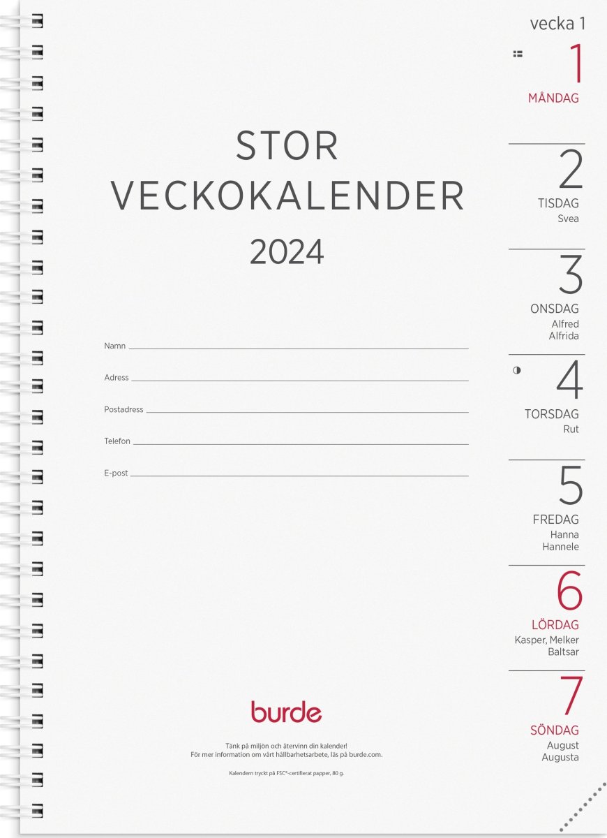 Burde 2024 Stor Veckokalender, refill