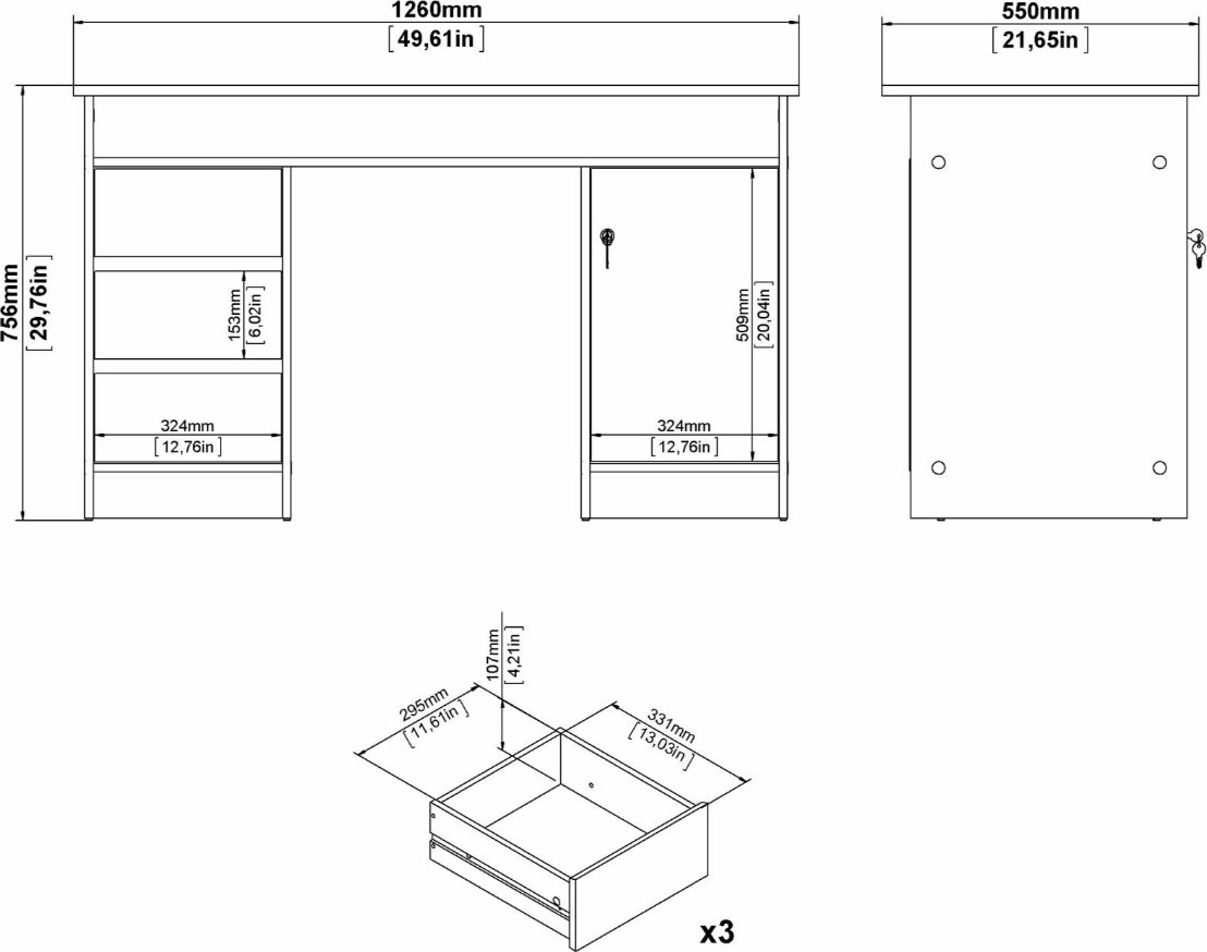Small Officeline skrivbord, 1 skåp/3 lådor, ek