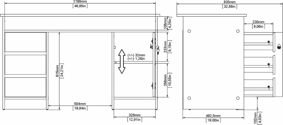 Small Officeline skrivbord, 1 skåp/3 lådor, ek