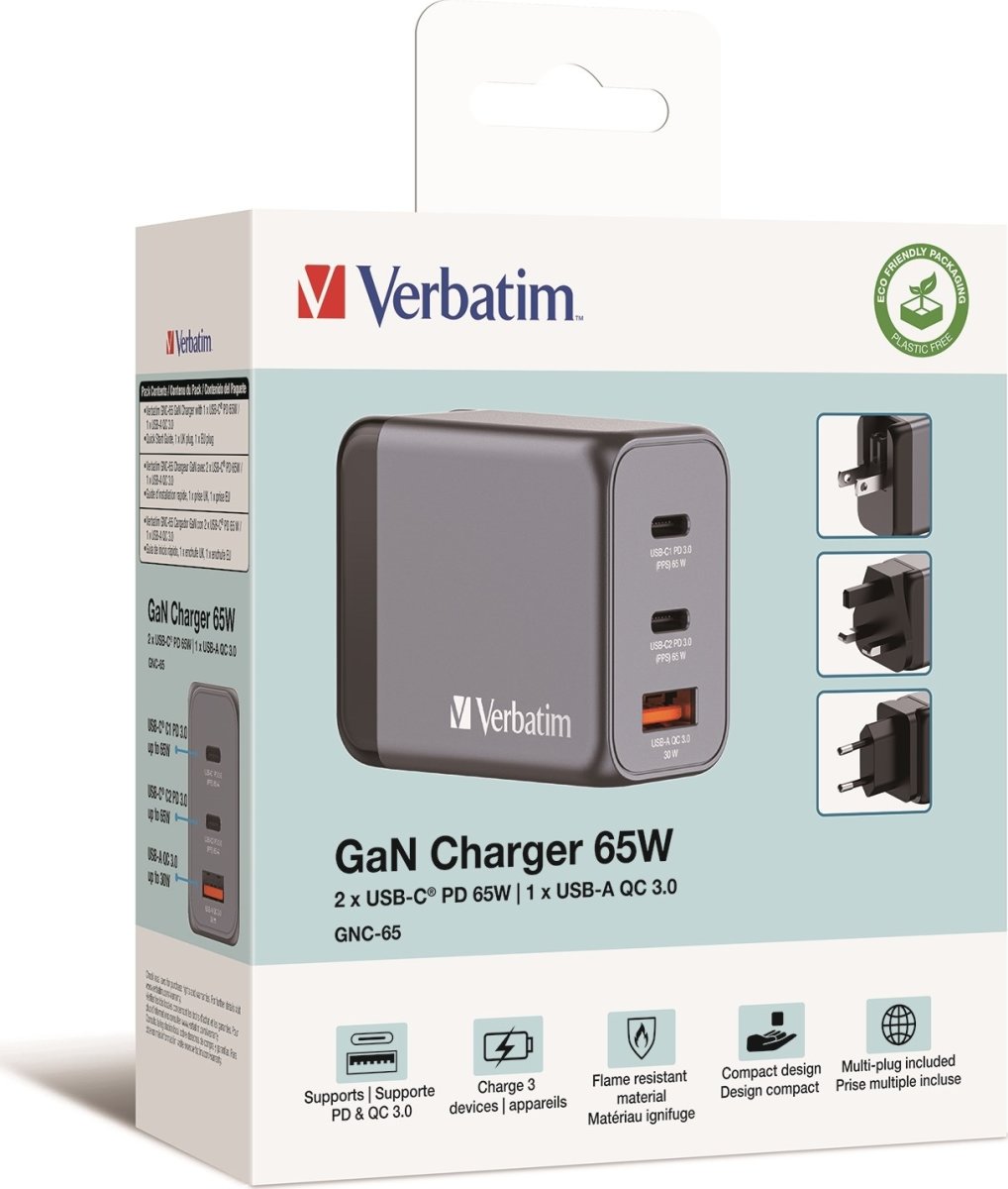 Verbatim GNC-65 GaN USB-A/USB-C-laddare | 65 W