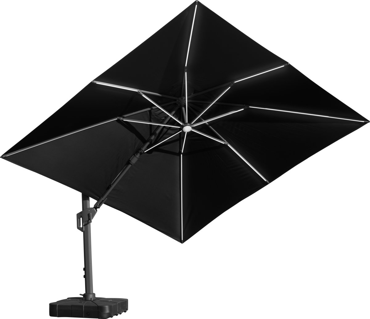 Hängparasoll 3,5x3,5m,fot,med hjul,lock,LED,svart
