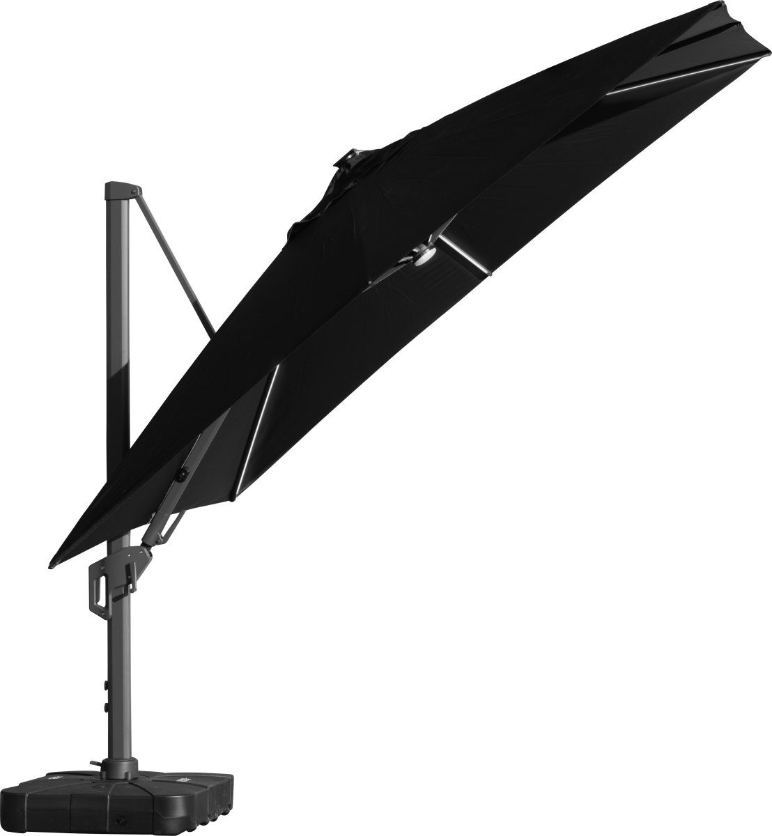 Hängparasoll 3,5x3,5m,fot,med hjul,lock,LED,svart