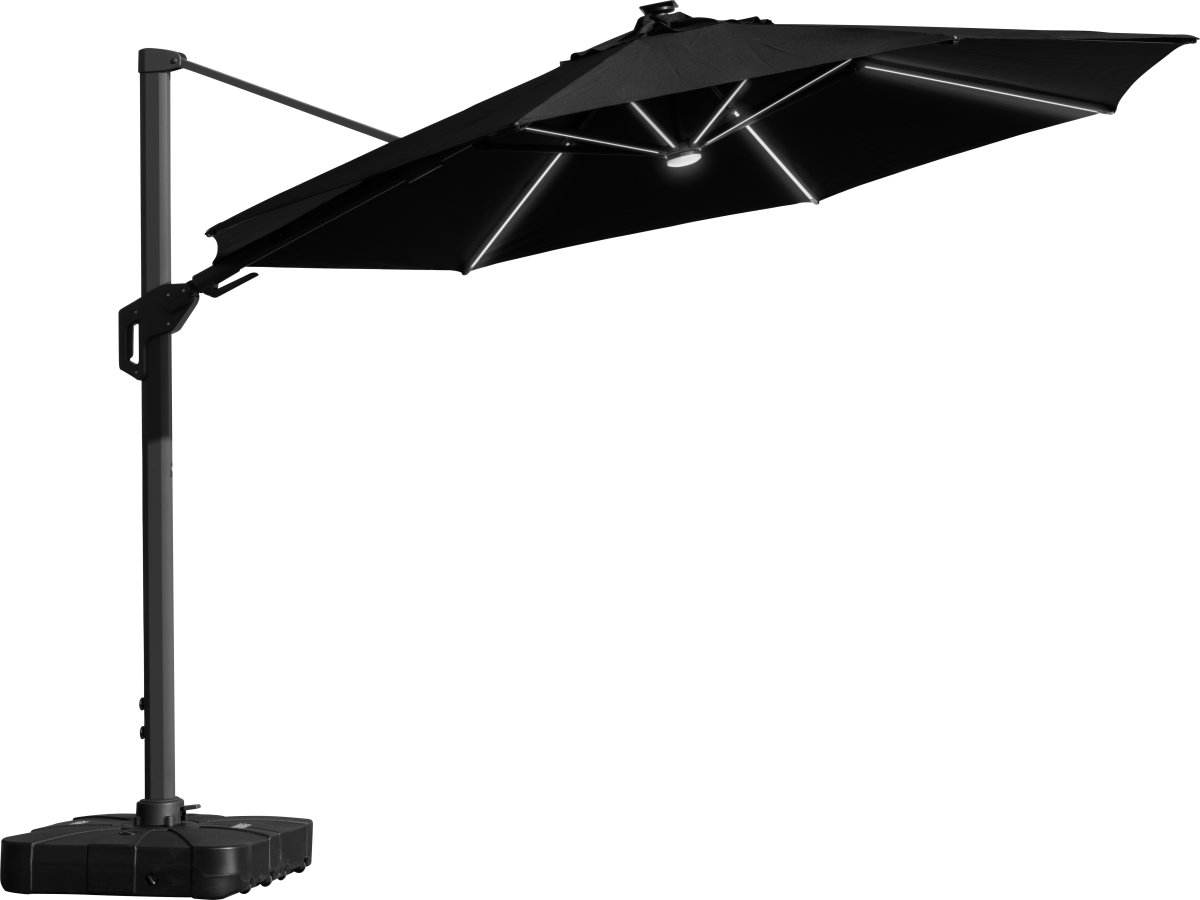 Hängparasoll Ø3,5m m/fot/hjul+överdrag+LED, svart