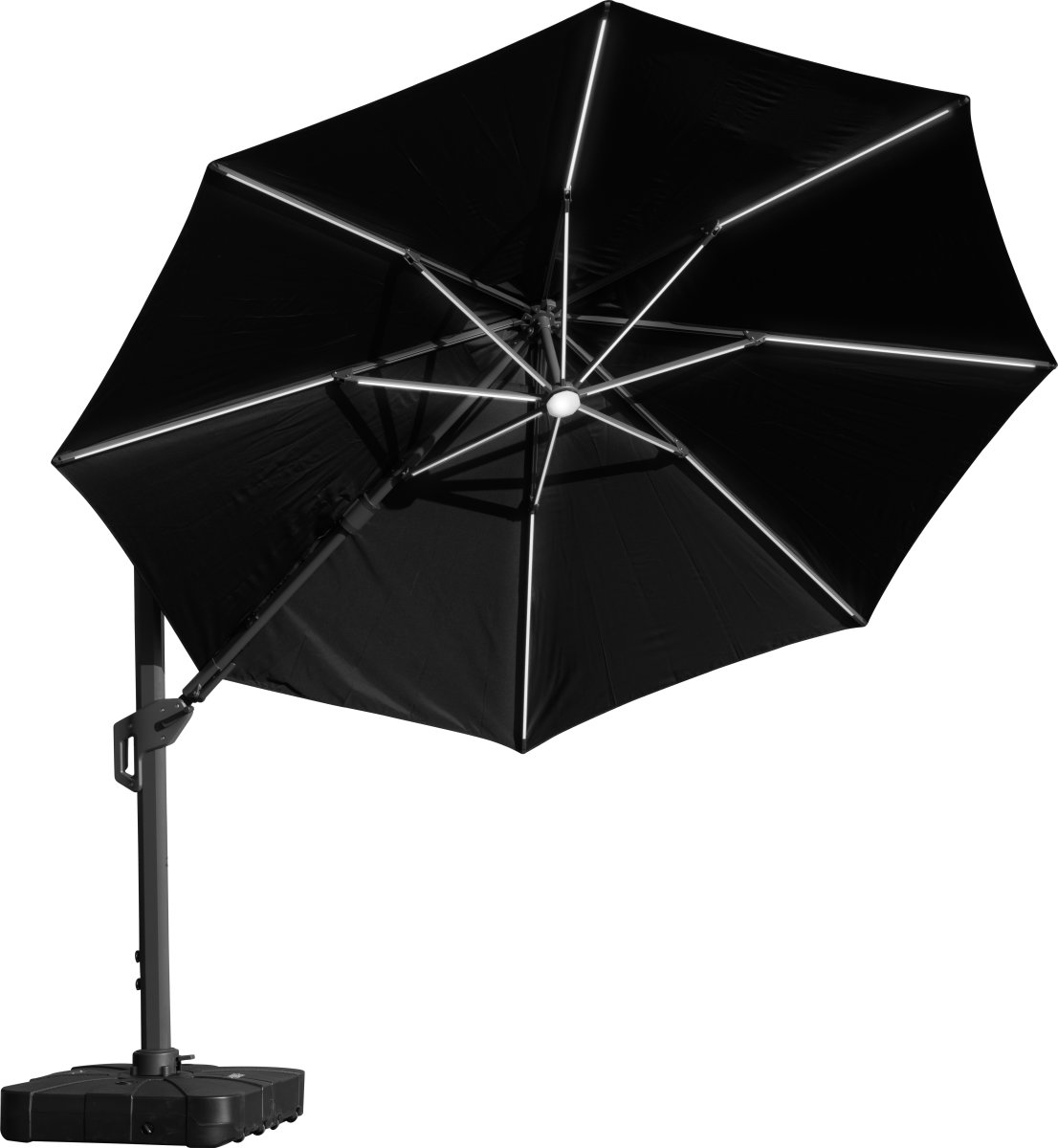 Hängparasoll Ø3,5m m/fot/hjul+överdrag+LED, svart