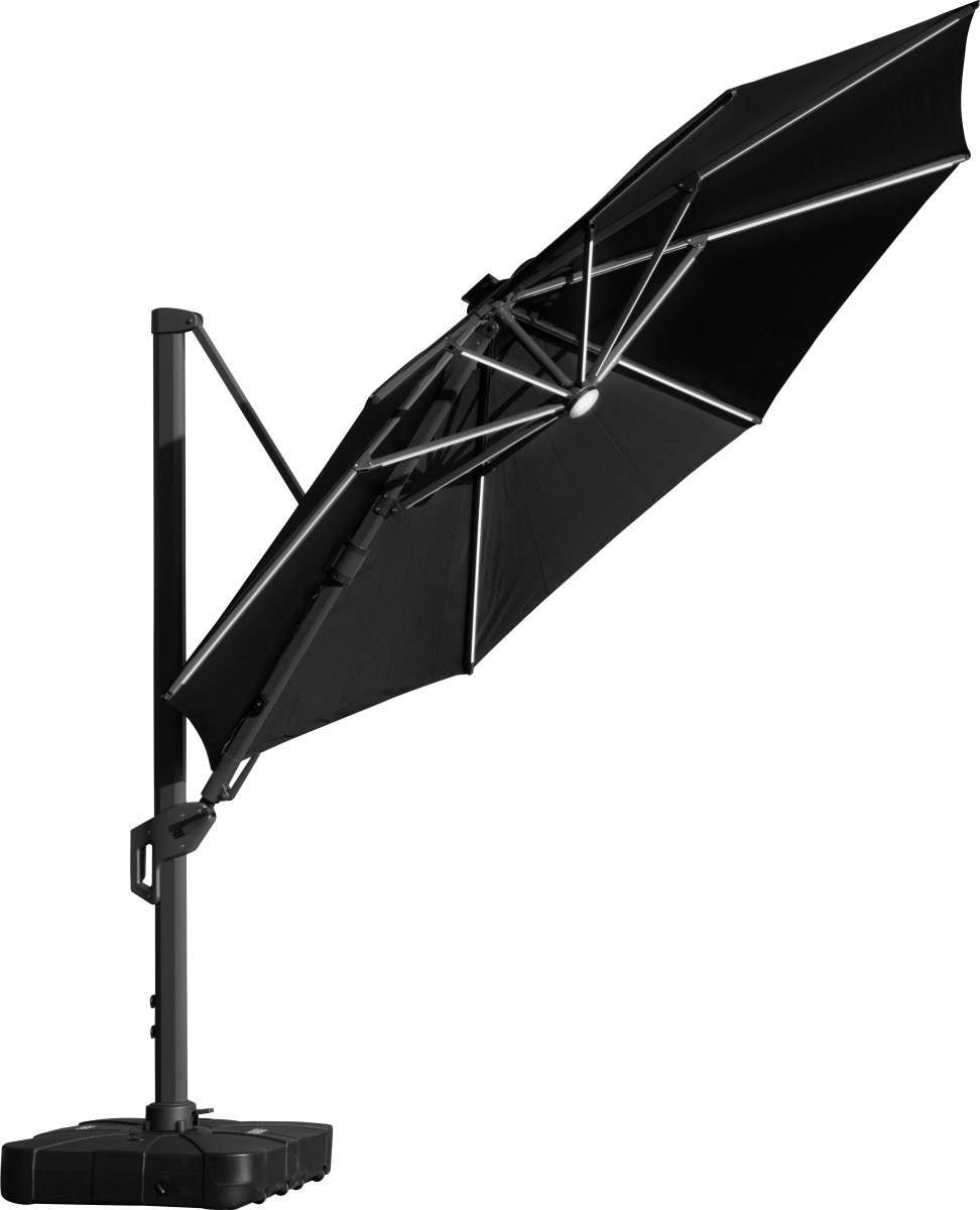 Hängparasoll Ø3,5m m/fot/hjul+överdrag+LED, svart