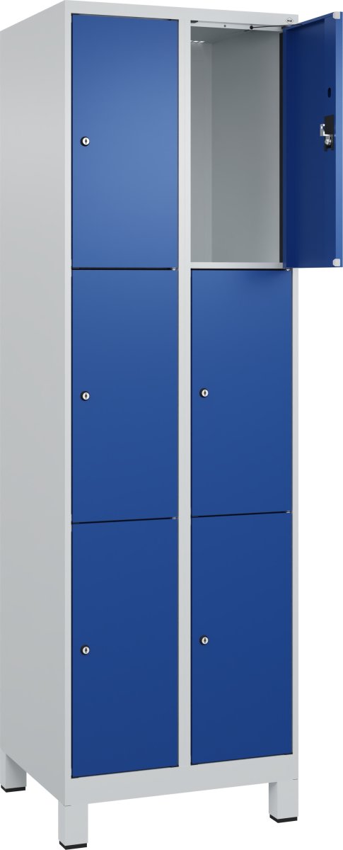 CP Klädskåp, 2x3 fack, Ben, Cylinderlås, Grå/blå