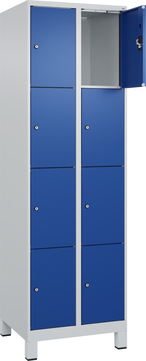 CP Klädskåp, 2x4 fack, Ben, Cylinderlås, Grå/blå