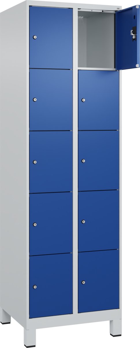 CP Klädskåp, 2x5 fack, Ben, Cylinderlås, Grå/blå