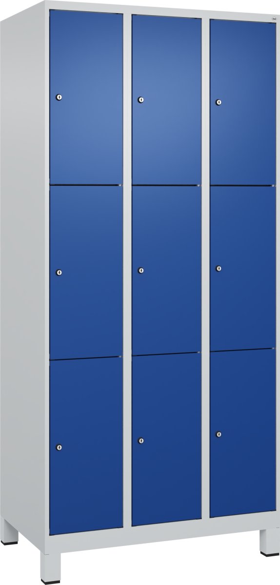 CP Klädskåp, 3x3 fack, Ben, Cylinderlås, Grå/blå