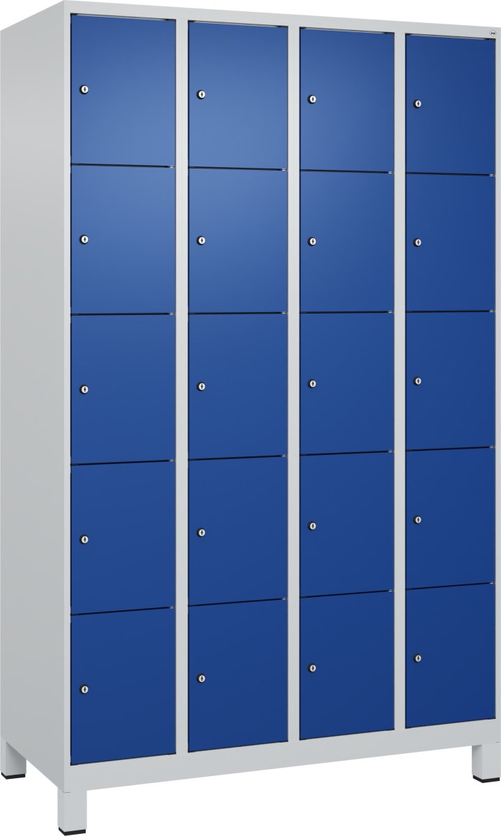 CP Klädskåp, 4x5 fack, Ben, Cylinderlås, Grå/blå