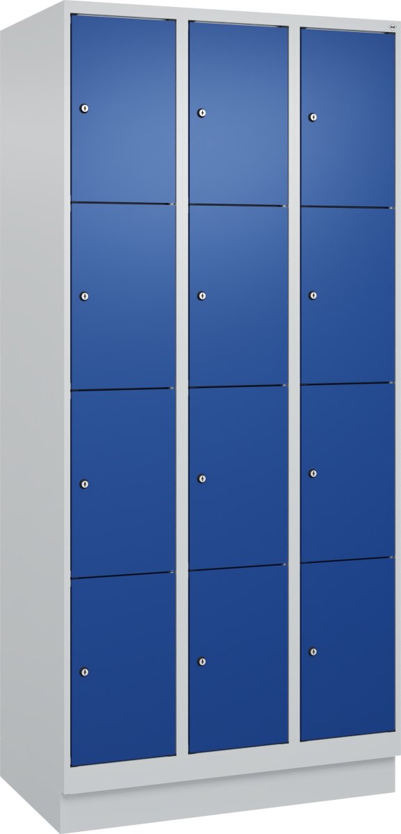 CP Klädskåp, 3x4 fack, Sockel, Lås, Grå/blå