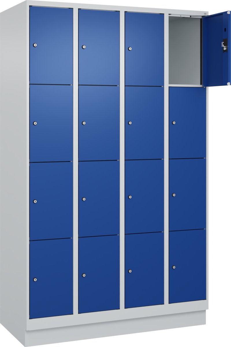 CP Klädskåp, 4x4 fack,Sockel, Cylinderlås, Grå/blå