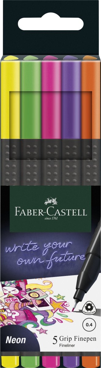 Faber-Castell Grip Fineliner, 5 neonfärger