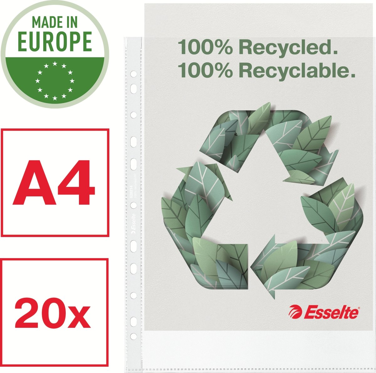 Esselte Recycle Ficka, A4, Topp, 70my, 20 st.