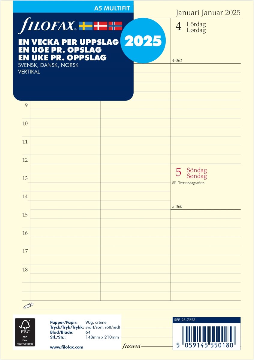 Filofax 2025 Refill, A5, Uge, Högformat