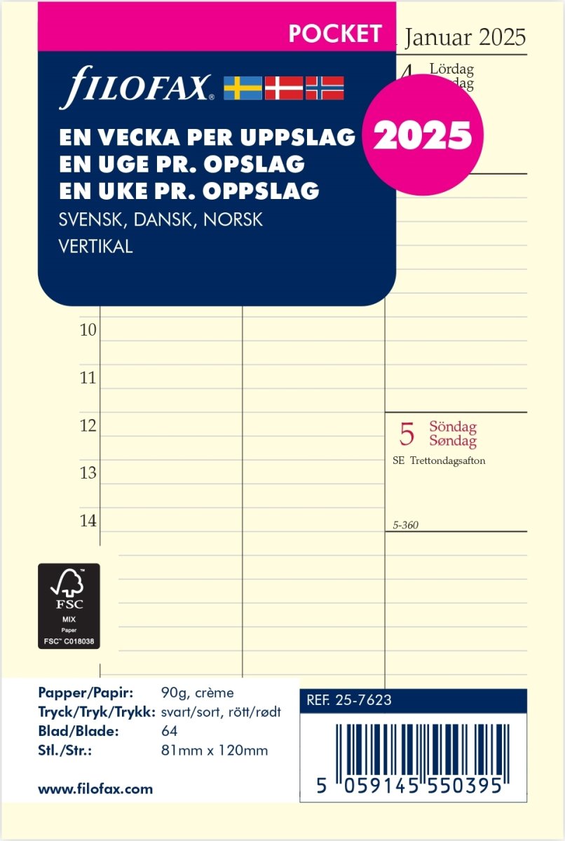 Filofax 2025 Refill, Pocket, Vecka, Högformat