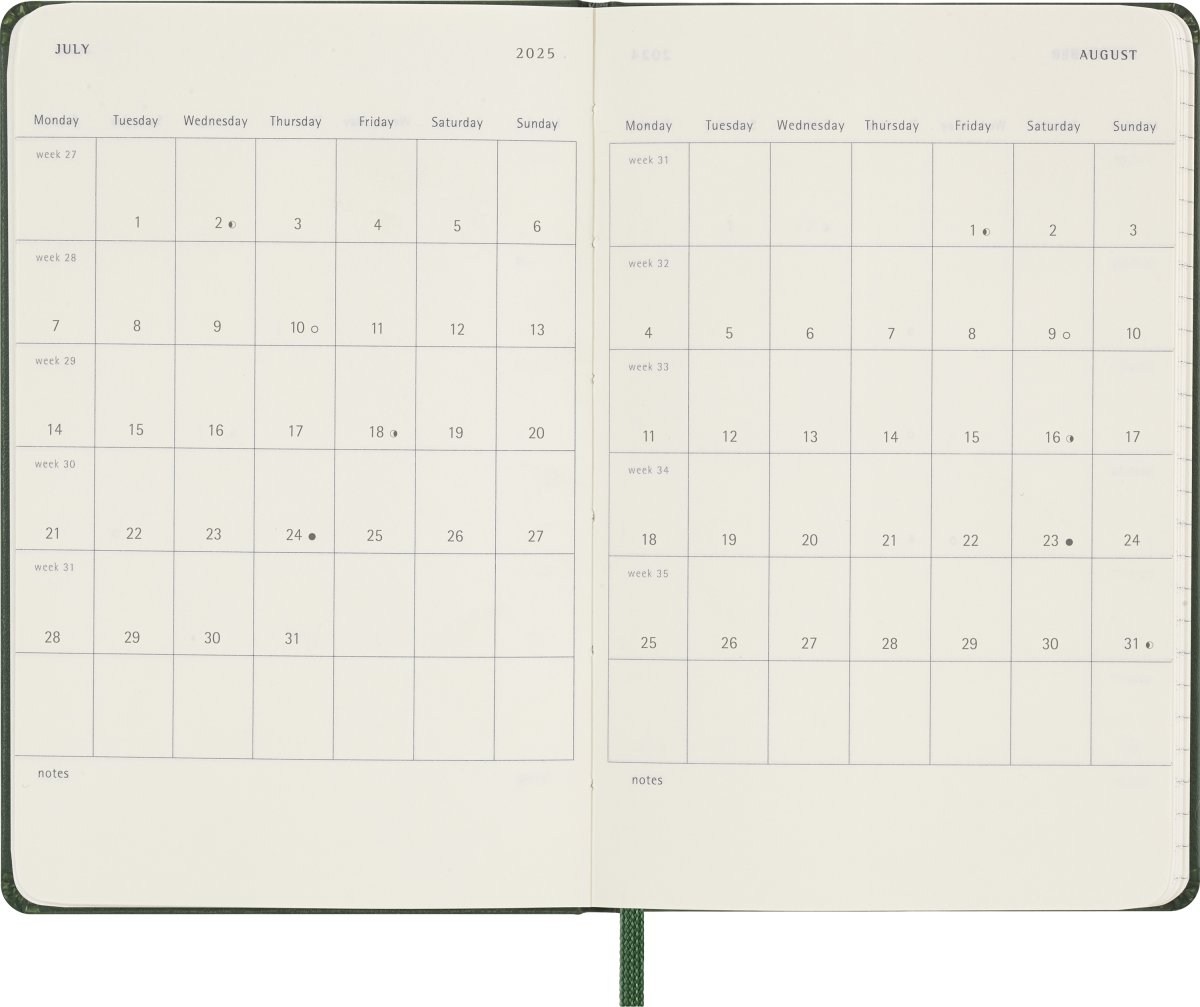 Moleskine 2025 Kalender, H, Vecka, Poc., Grön