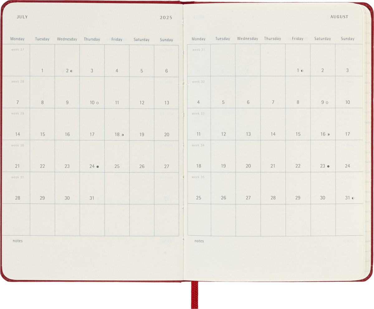 Moleskine 2025 Kalender, H, Vecka, Poc., Röd