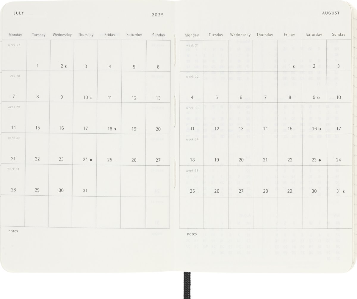 Moleskine 2025 Kalender, S, Vecka, Poc., Svart