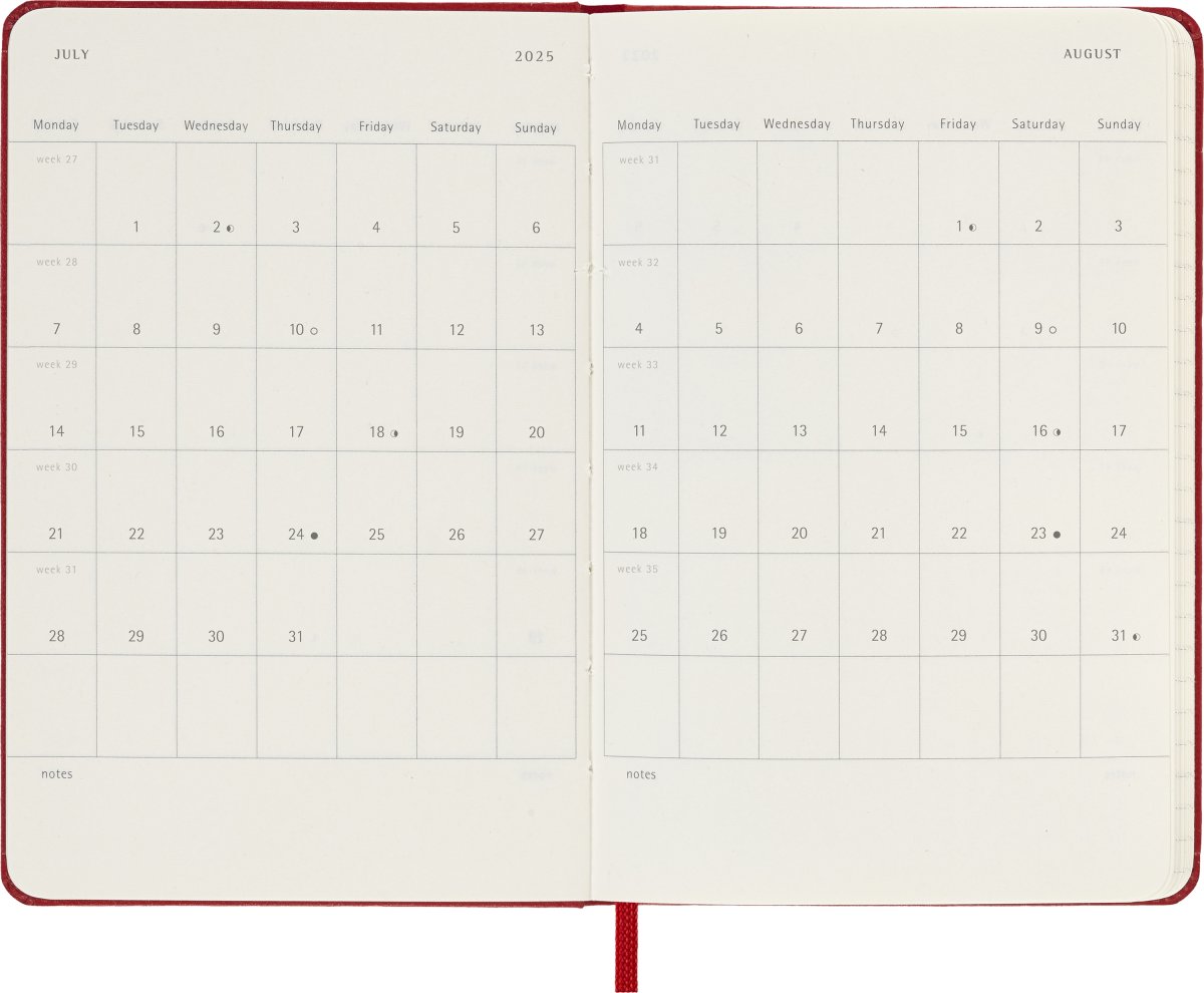 Moleskine 2025 Kalender, H, Dag, Poc., Röd