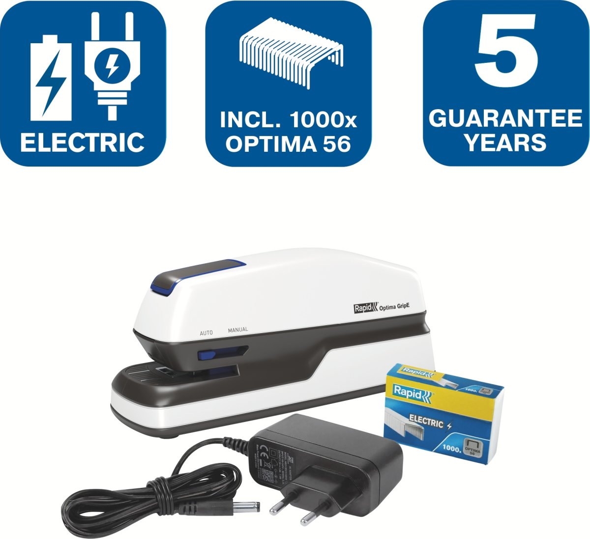 Rapid Optima GripE Elektrisk häftapparat, 20 ark