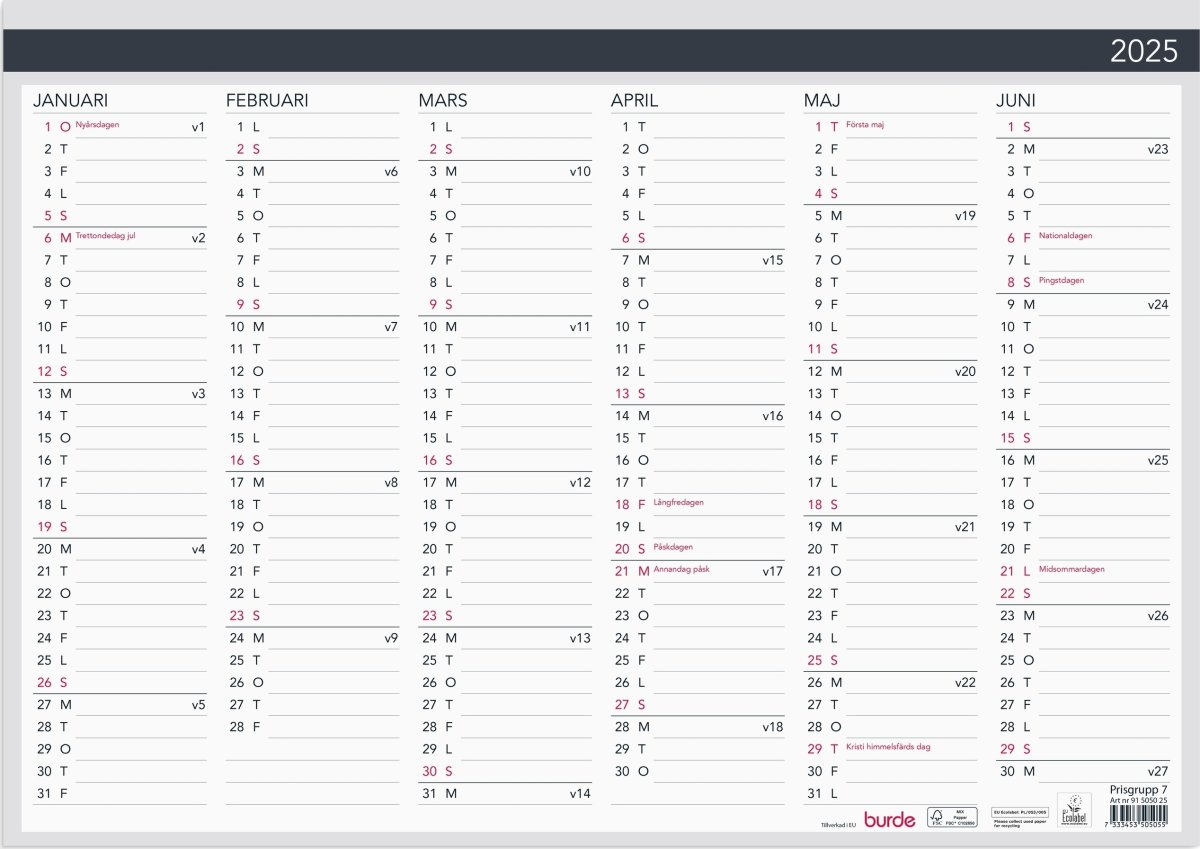 Burde 2025 Kalender Väggblad, Elegant, A3