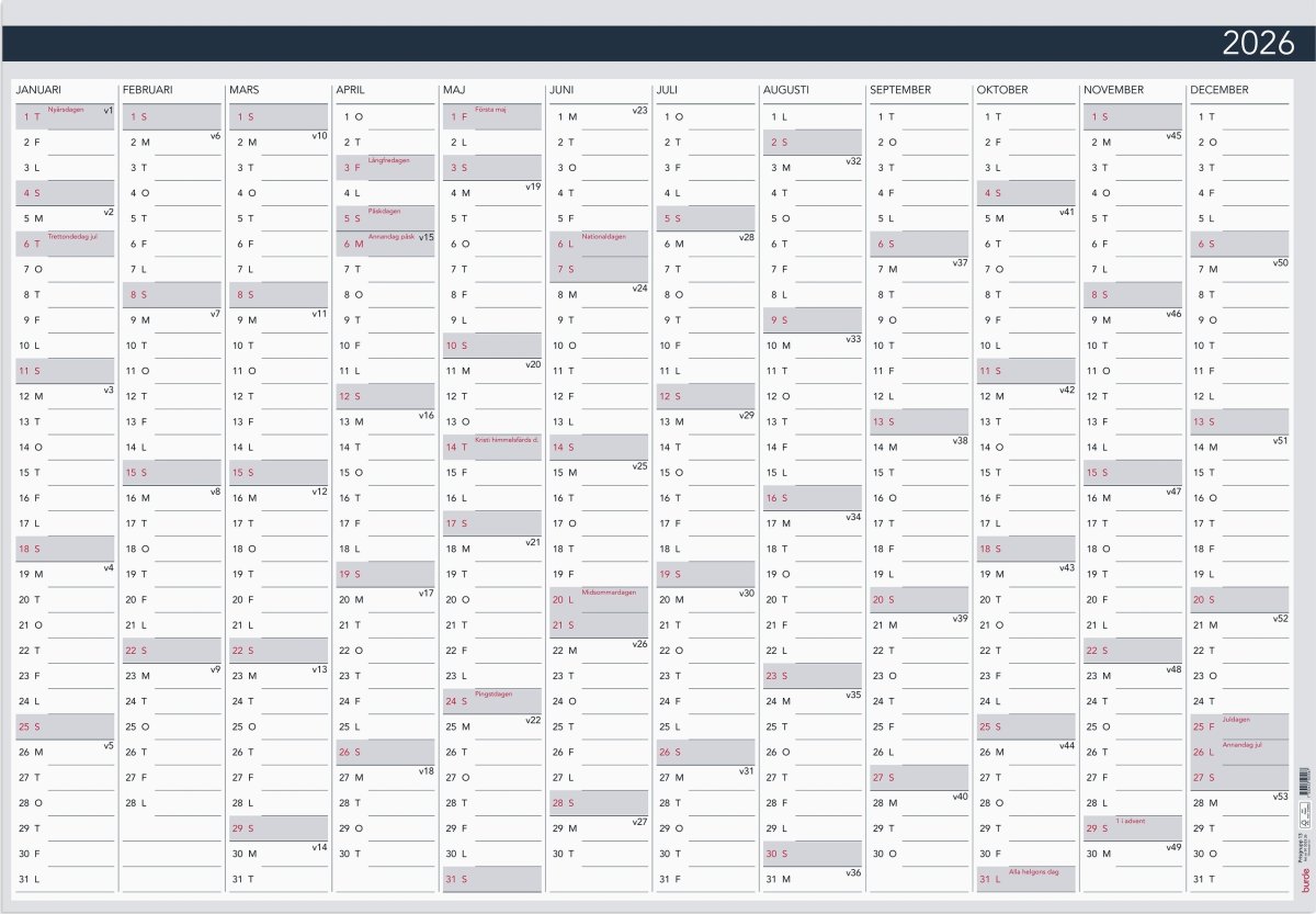 Burde 2026 Kalender Väggblad, Elegant, 98x68 cm