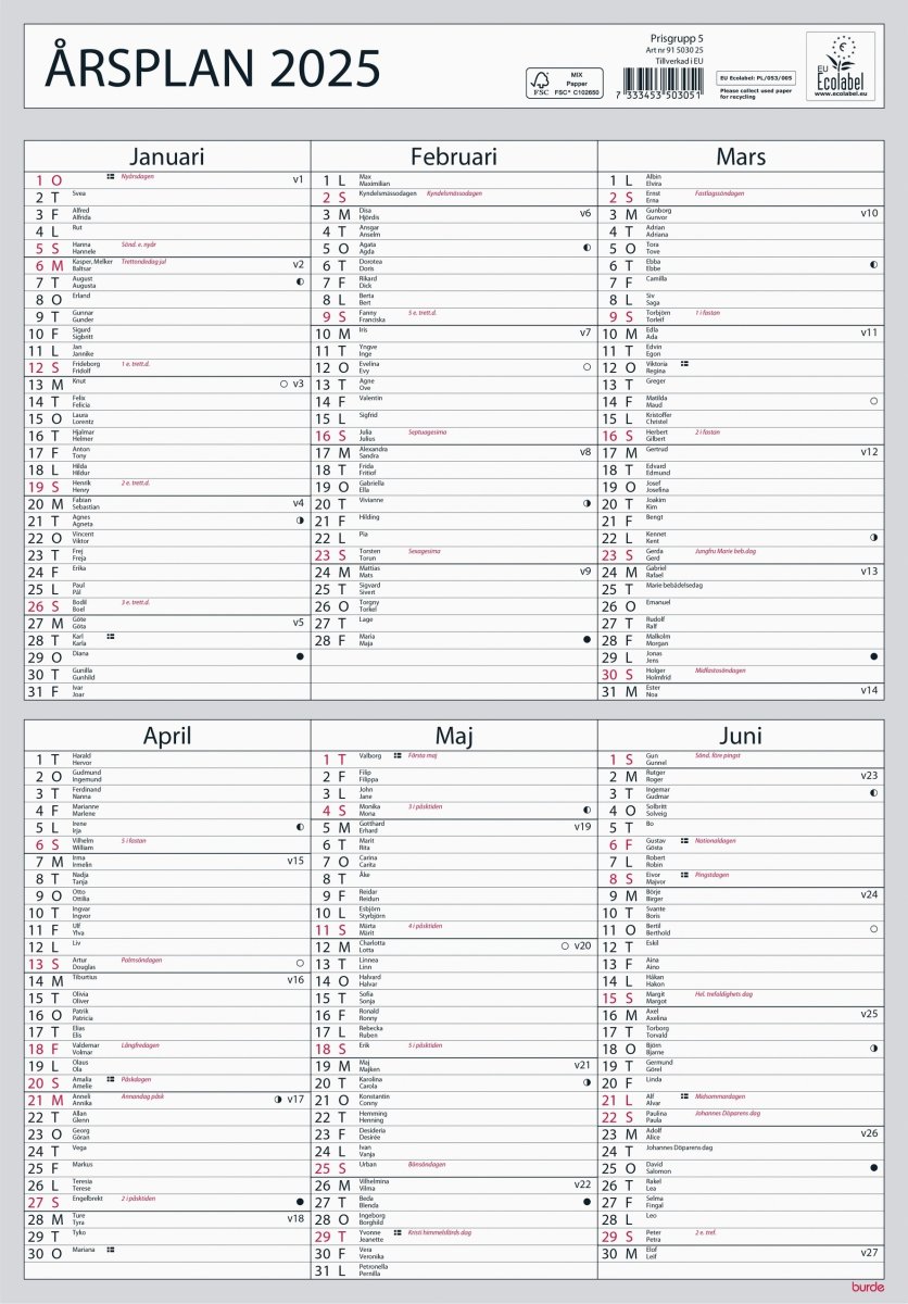 Burde 2025 Kalender Väggblad, Årsplan